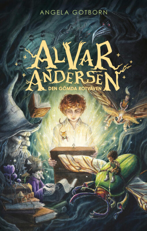 Bokomslag, illustration i akvarell och grafisk design. Första boken i fantasyserien om Alvar Andersen skriven av Angela Gotborn. Pojke öppnar magisk kista, trollkarl och magiska varelser samt stora flygande insekter.