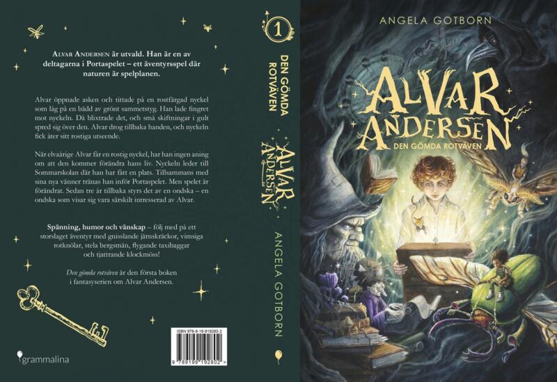 Bokomslag, illustration i akvarell och grafisk design. Första boken i fantasyserien om Alvar Andersen skriven av Angela Gotborn. Pojke öppnar magisk kista, trollkarl och magiska varelser samt stora flygande insekter.